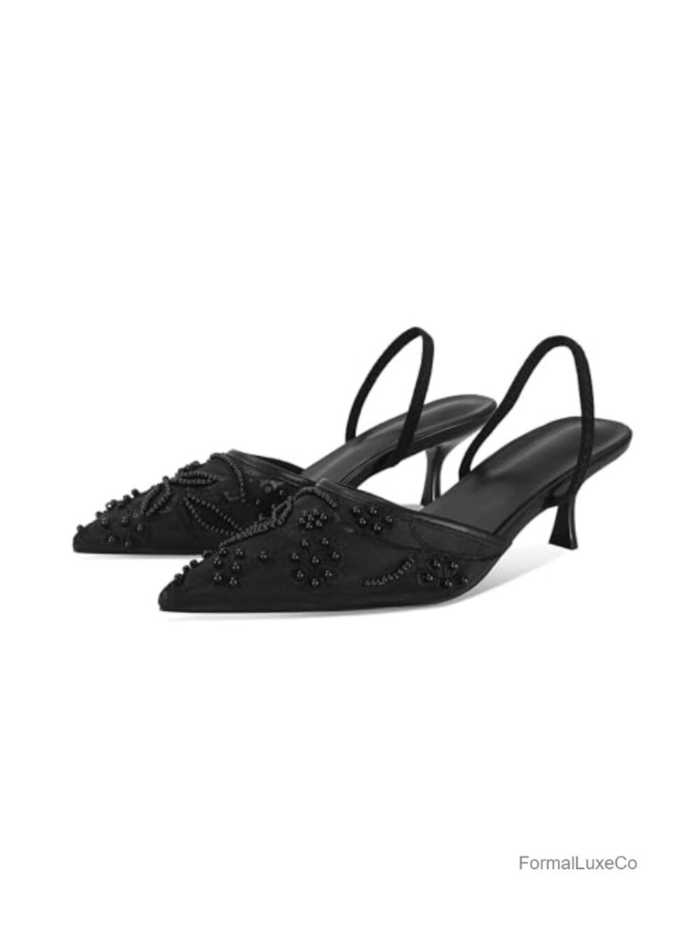 Embroidered Mesh Kitten Heel Slingback Pointed Toe Sandals With Pearl